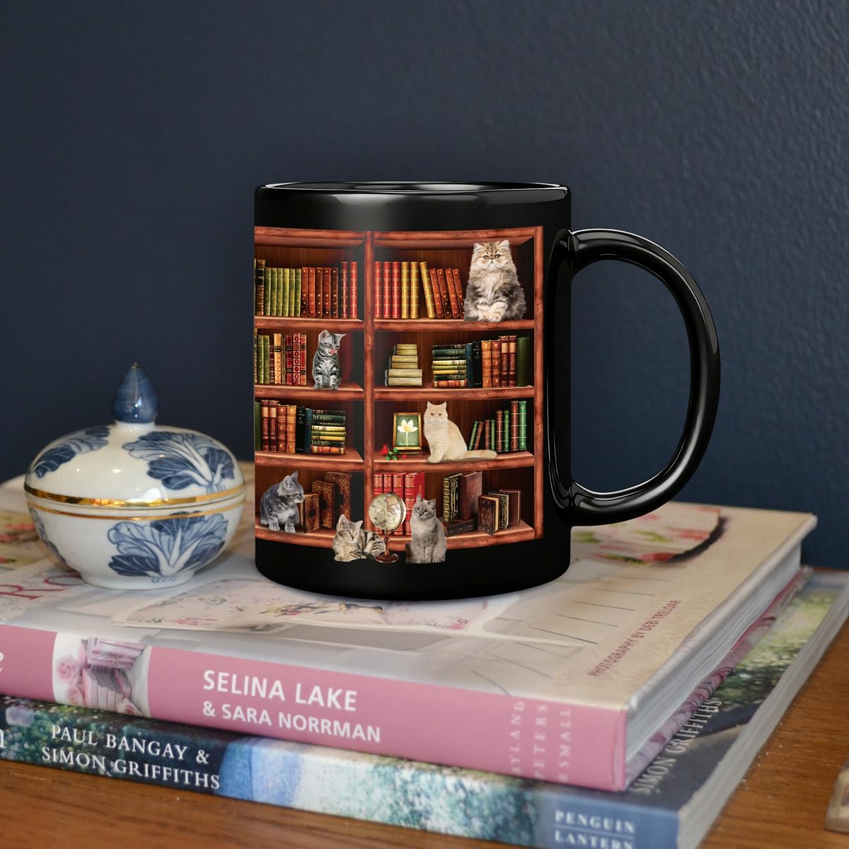Coffee Mug for Book Lovers - Cat Mugs for Cat Lovers - Funny Mugs Charming Gifts for Book Lover Women and Cute Gifts for Writers & Readers - Library Bookshelf Mug - 11oz Black Ceramic Coffee & Tea Cup