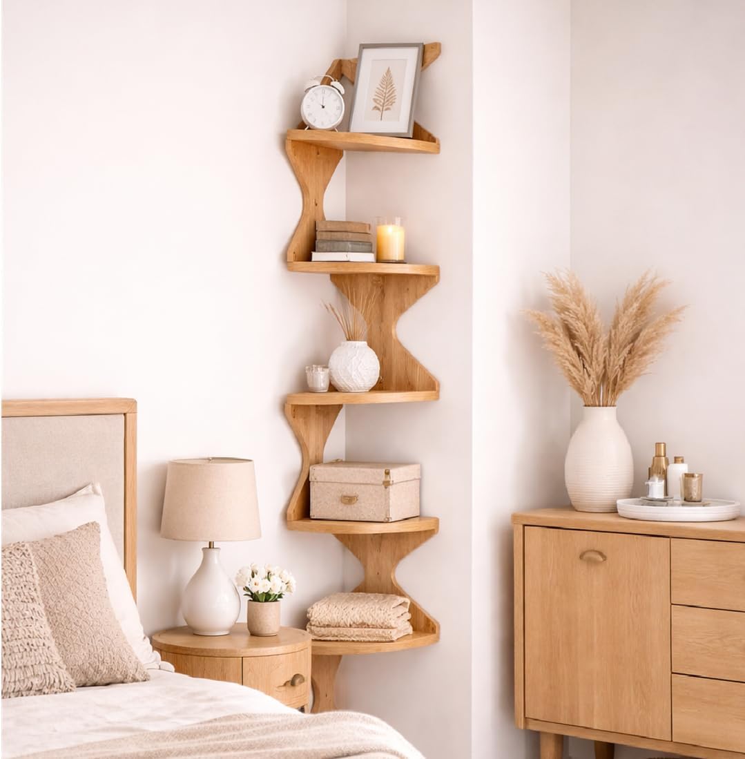 Zigzag Corner Shelf, Wood Corner Wall Shelf, 5 Tier Floating Corner Shelves for Small Space Storage, Corner Bookcase for Living Room, Home Office, Bedroom, (Natural, 5 Tier)