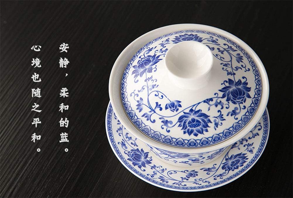 Liang baobao Traditional Gaiwan Tea Set with Lid and Saucer Blue Lotus Design Tea Cup Flower Porcelain Teacups 10oz