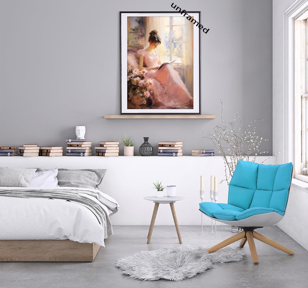 Huabsad Vintage Portrait Oil Painting Wall Art Retro Pink Girl Reading A Book Posters Famous Antique Female Canvas Pictures Prints Wall Decor Aesthetic for Bedroom Gallery Dorm 12x16in Unframed