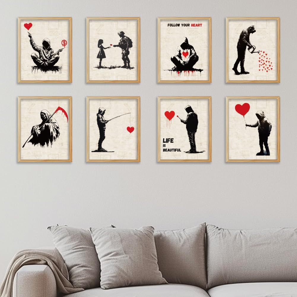 WEBEEDY 9 Styles Banksy Wall Art Vintage Red Heart Prints with for Wall Decor Aesthetic Graffiti Poster Boho Unframed Canvas Wall Art for Living Room Bedroom Office Home Decoration, 20x25cm/8x10''