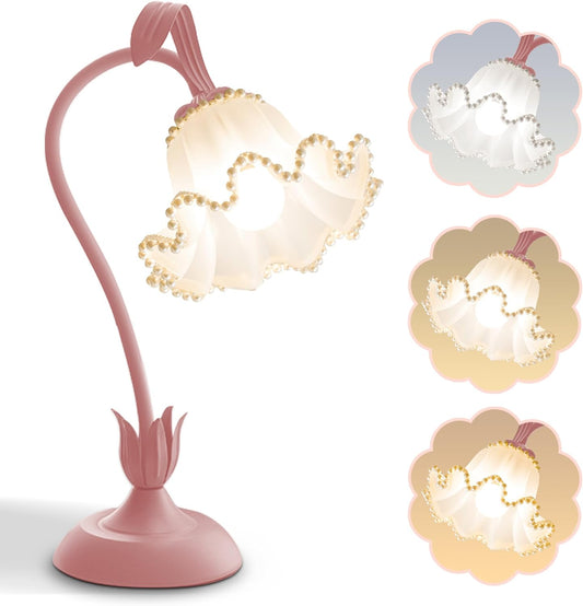 Flower Table Lamp,LED Reading Light Bedside Vintage Flower Night Light,3 Colors Modes Kawaii Bedside Lamps Decor,Living Room Bedroom Room Lighting Table Lamps Home Decoration (Pink Pearls)