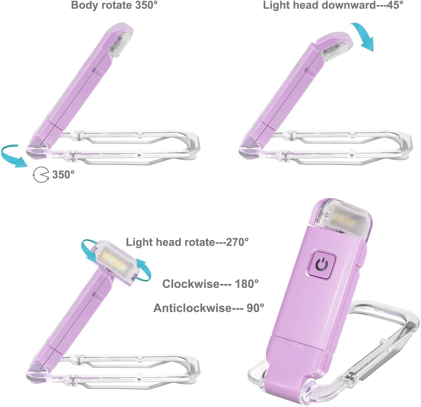 HONWELL Rechargeable Book Light, Clip On LED Reading Lights for Kids Reading in Bed, 3 Brightness Levels Dimmable Bookmark Light for Eye-Protection, Portable Reading Lamp for Bookworms, Travel(Violet)