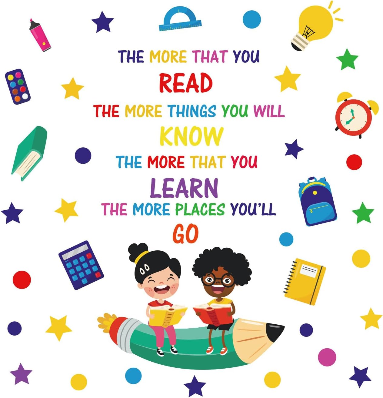 Inspirational Wall Decals Positive Saying The More That You Read Quotes Wall Stickers Colorful Peel and Stick Decals for Bedroom Nursery Playroom Daycare School Classroom Decor
