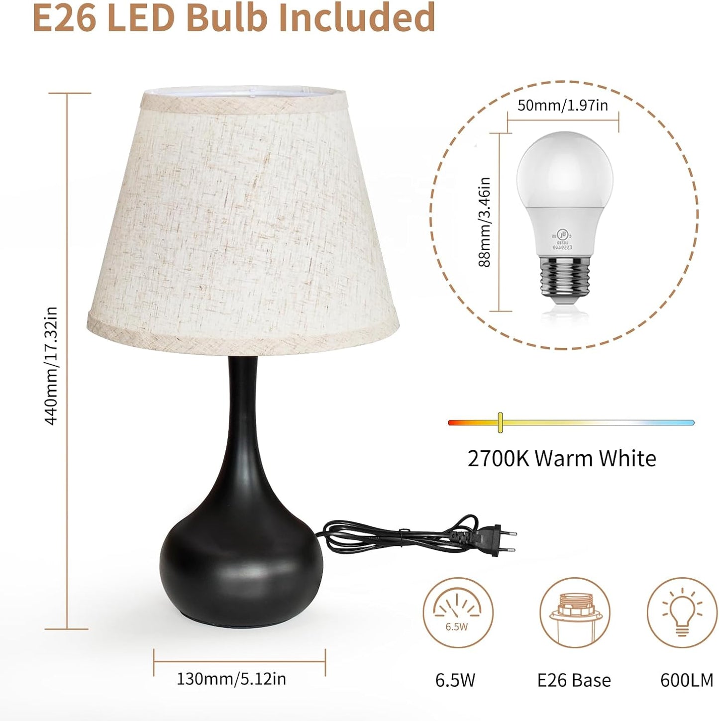 ONEWISH Touch Bedside Lamp for Bedroom, 3-Way Dimmable Farmhouse Table Lamps for Nightstand with Fabric Shade, Desk Lamp for Kids Reading, Home Office