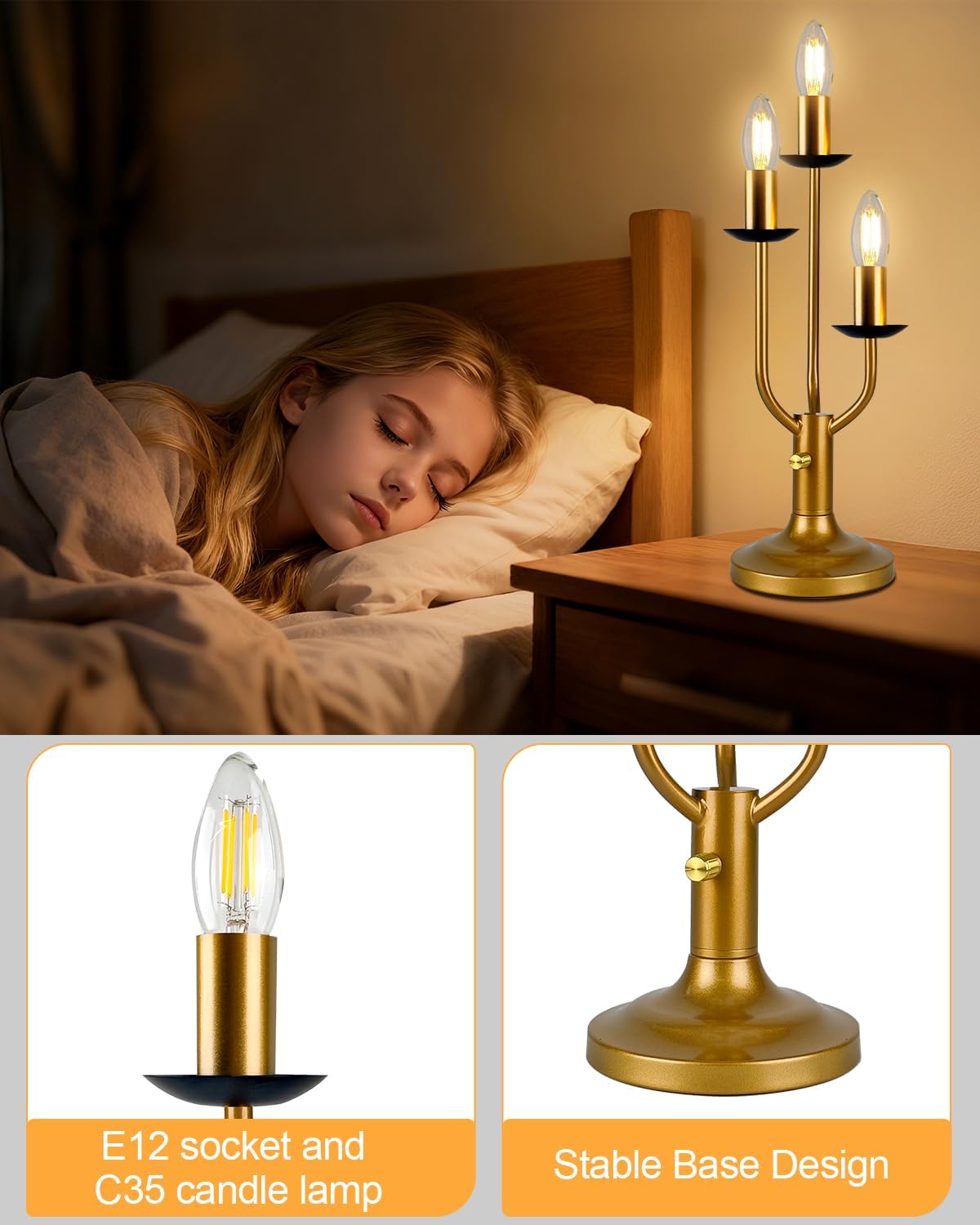 Vintage Candle Table Lamp 3 - Light Candelabra Lamp for Wedding/Party, 3000K Warm White Dimmable Desk Lamp Mid Century Nightstand Bedside Lamps for Bedroom/Dining - Gold