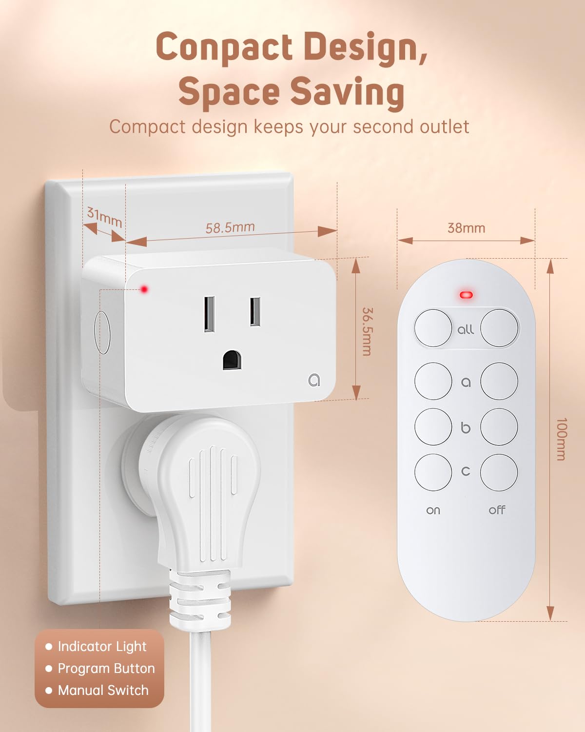 Remote Control Outlet Plug Wireless Remote Light Switch Kit for Household Appliances 15A/1800W, 100ft Range, FCC Listed,3 Sockets + 1 Remote