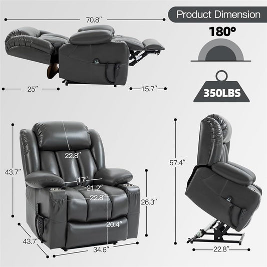 Power Lift Recliner Chair for Elderly, 180° Lay Flat Electric Recliner Sofa with Breathable Leather, Standing Assistance Sofa, Grey Lounging Chair with Side Pockets