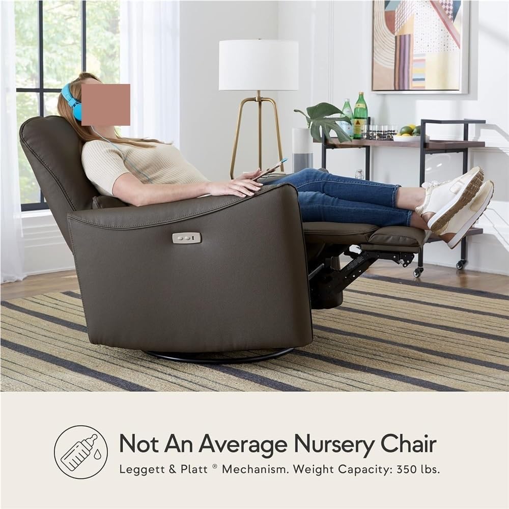 Electric Leather Power Swivel Glider Recliner with Lumbar Support & USB Charging, Modern Grey Upholstered Reclining Sofa Chair for Nursery, Living Room & Bedroom, Adjustable Ergonomic Comfort