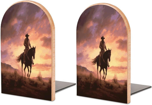 Cowboy West Bookends 1 Pair Heavy Duty Book Ends for Shelves Non-Skid Bookend Supports Wooden Book Holders with Metal Base Desk Organizers Books Storage to Hold Books