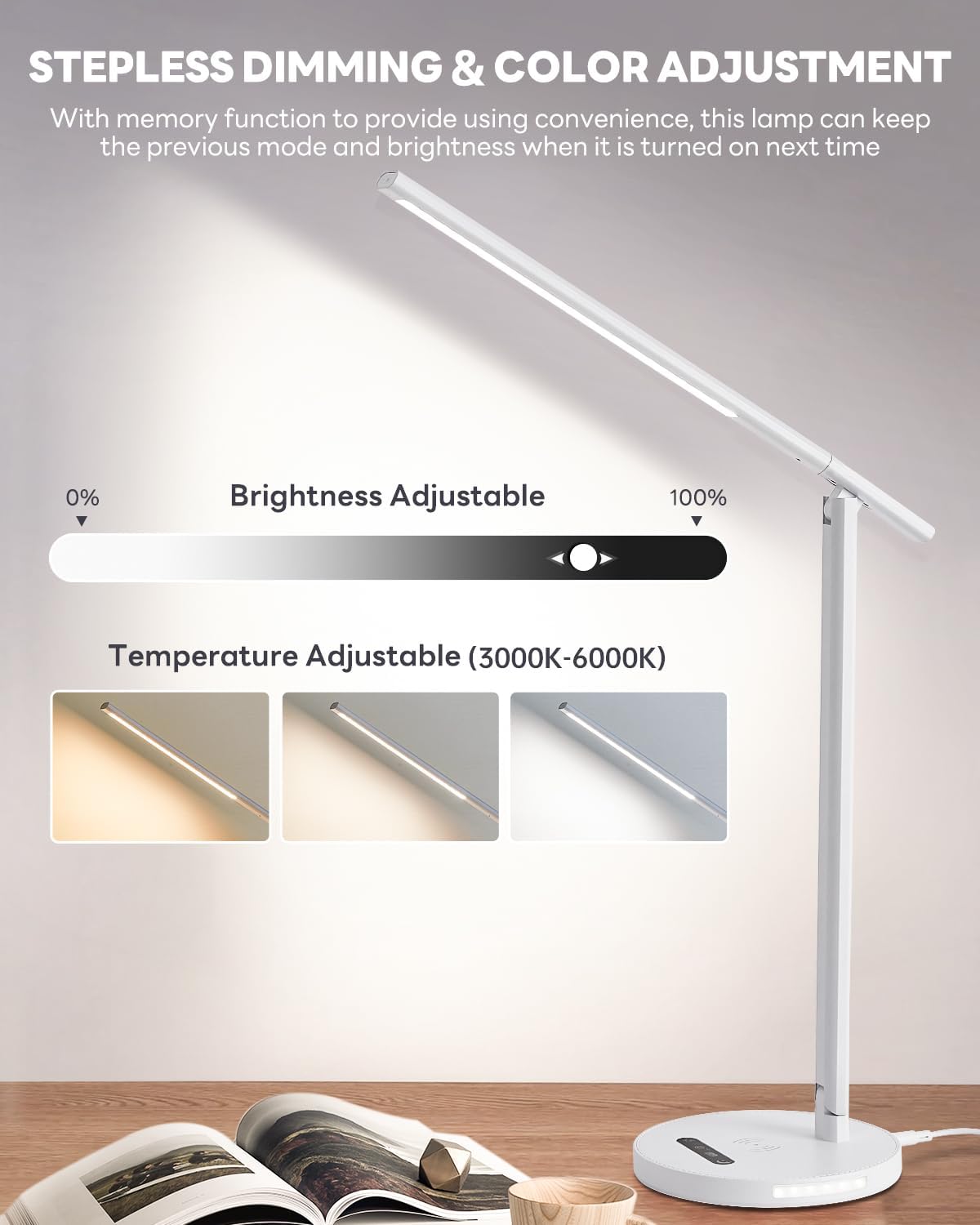 Upgraded LED Desk Lamp with Wireless Charger, Stepless Dimmable Foldable Table Lamp for Home Bedroom Office Sturdy Room, 3 Color Temperatures, Memory Function