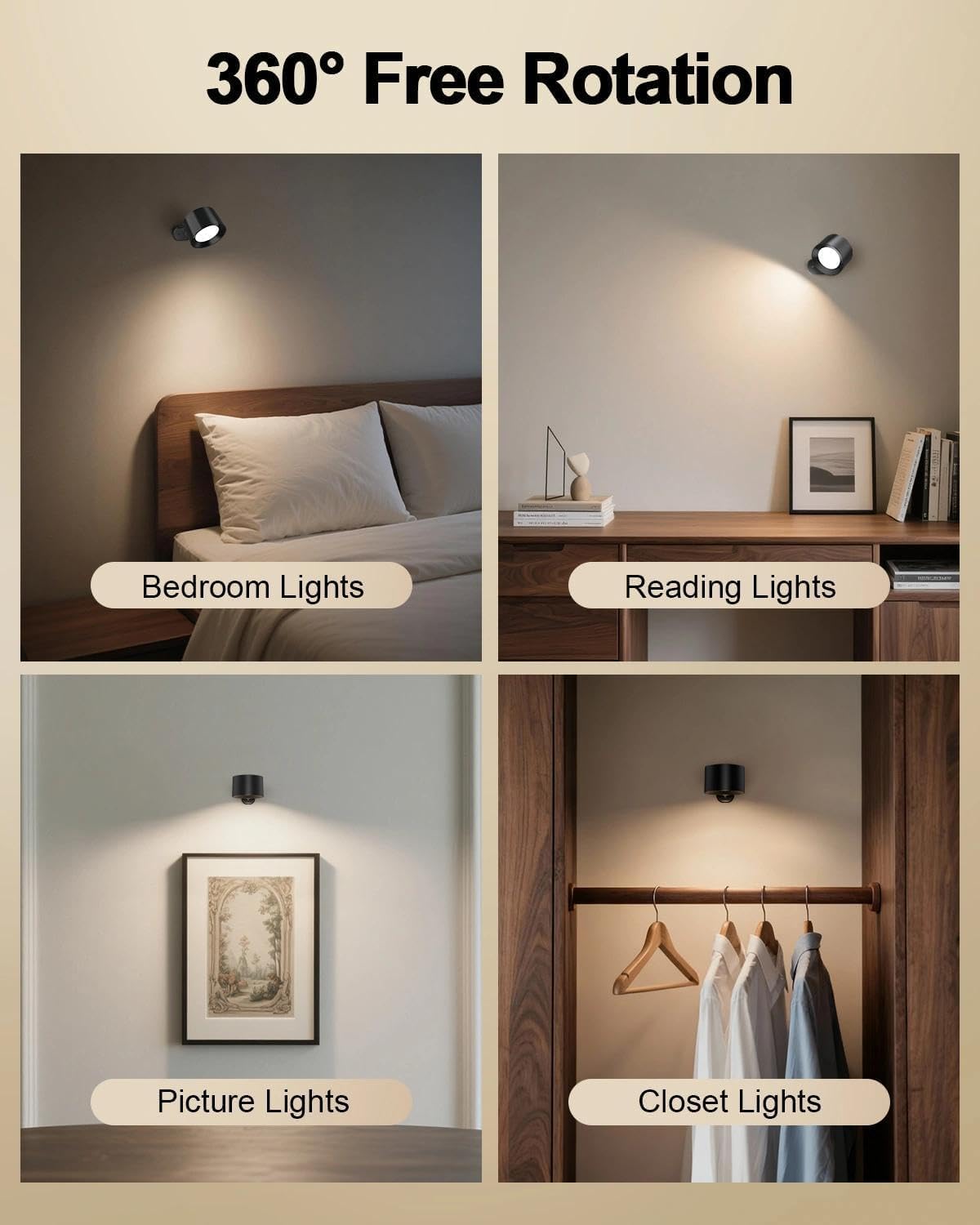 LED Rechargeable Wall Sconces 2 Pack, 360° Rotatable Cordless Wall Lights, Dimmable Touch & Remote Control, 3 Color Temperatures Battery Operated Wall Lamp for Bedroom Reading Bedside, Black
