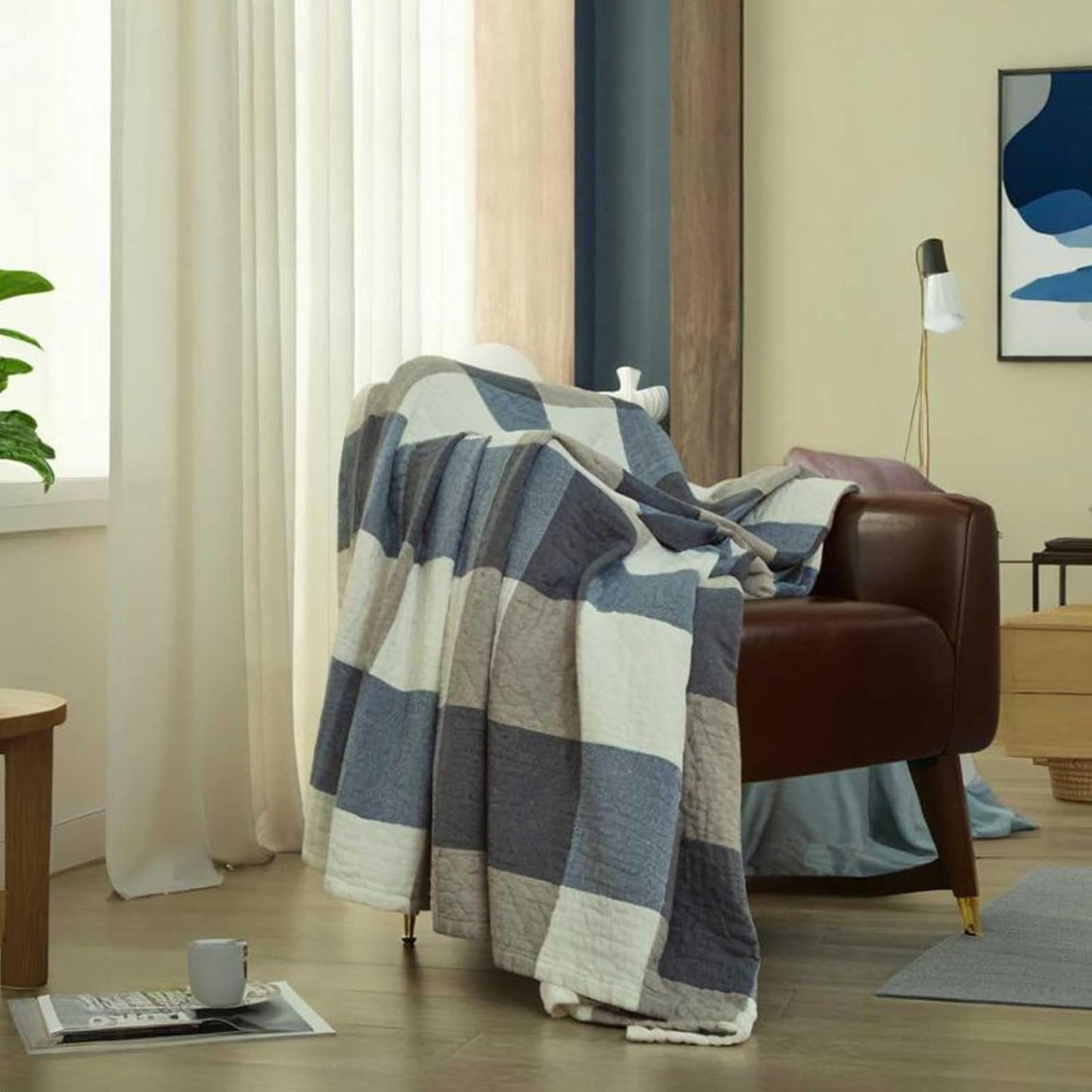 Checkered Throw Blanket, Soft Cozy Reversible 4 Layer Pre-Washed Cotton Blankets Lightweight Breathable Queen Throw Blanket BOR All Season,Blue Checkered, 60" X 80"