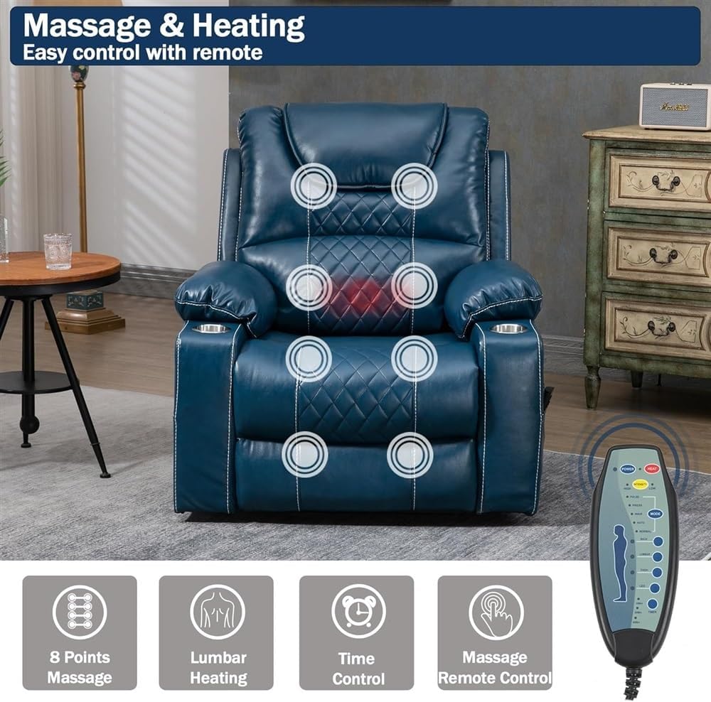 Dual Motor Power Lift Recliner Chair for Elderly Adults, Comfortable 180° Lay Flat Blue Leather Reclining Sofa with Massage and Heat, Independent Back & Footrest