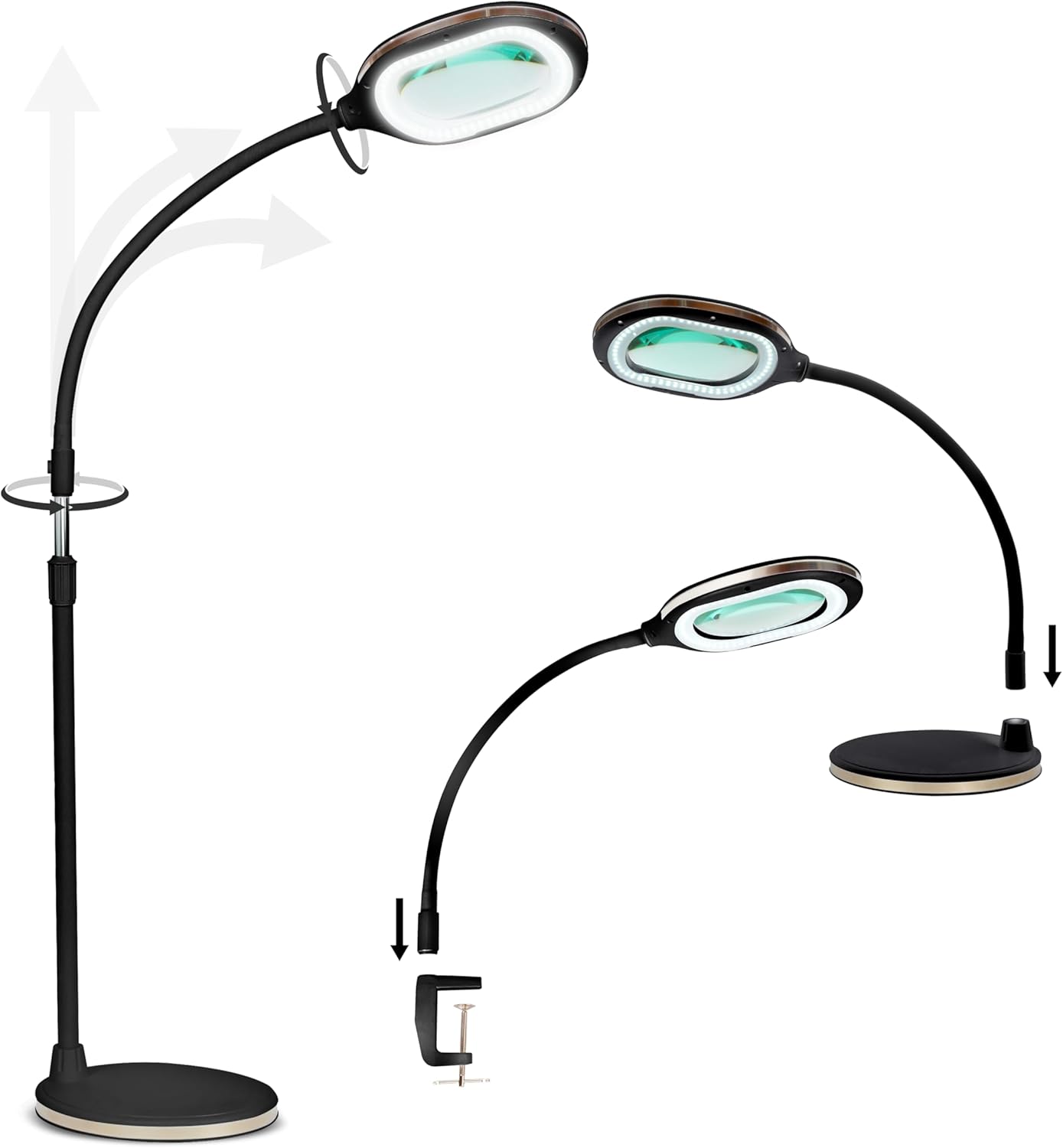 Brightech LightView Pro Magnifying LED Desk Lamp with Flexibility & Durability, 3 in 1 LED Glass Magnifier, Work Light for Hobbies & Reading - Black