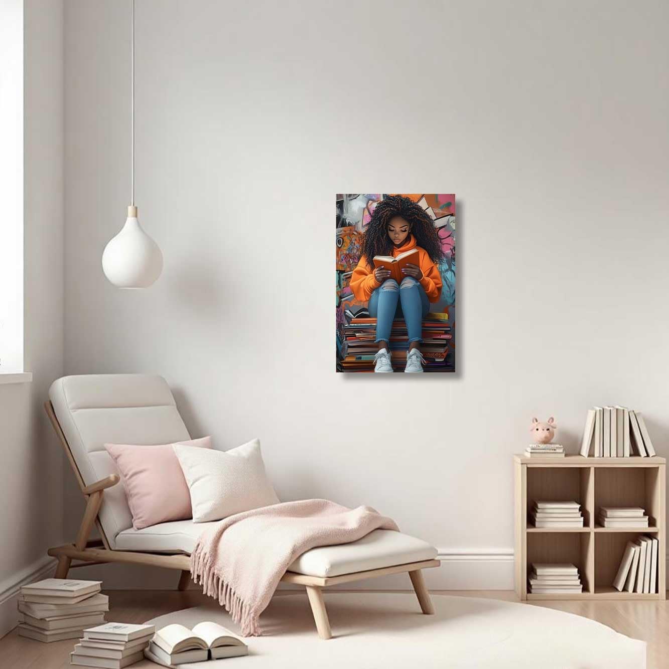 ZSHARTSWD Black Girl Reading Book Wall Art African American Canvas Print Black Woman Picture Inspiring Book Lover Painting for Teen Girls Bedroom Decor Framed (Orange, 18L x 12W)