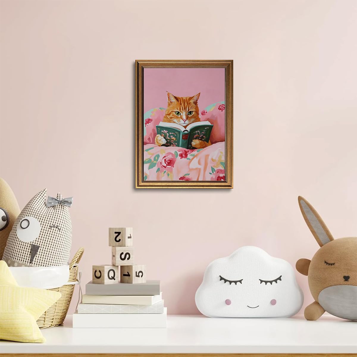 BRUZYIYE Cat Wall Art Vintage Gold Framed Wall Art Cat Pictures Wall Decor Funny Animal Reading Books Paintings Cute Kitten Lovers Aesthetic Canvas Prints for Nursery Girls Room Bedroom Kids Room 12x16in