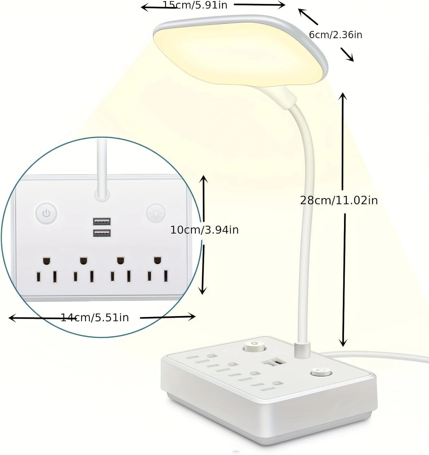 LED Desk Lamp, Power Outlet with Dimming Night Light Desk Light,Table Lamps 3 Lighting Modes Desktop Charging Extension Lead 4 AC Power Outlet and 2 USB Charging Ports for Travel Home Office