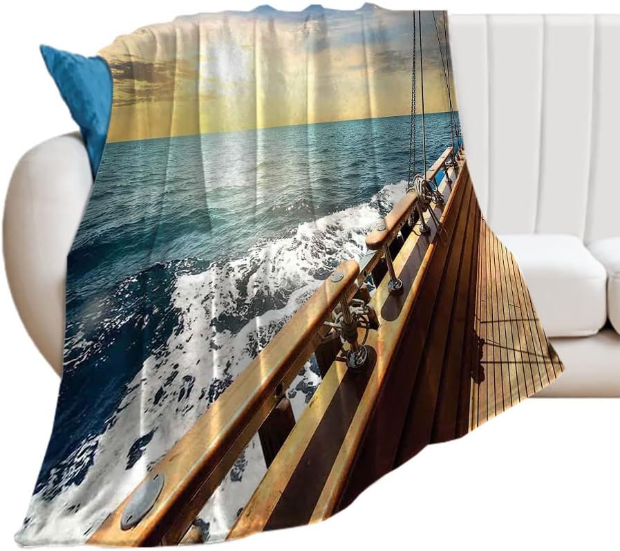 Flannel Blanket, Sailboat in Mediterranean Waves at Sunset, Keep WarmNautical Decor Throw Blankets, 60 x 80inches, Cozy Warm Soft Blanket for All Seasons, Cream Blue