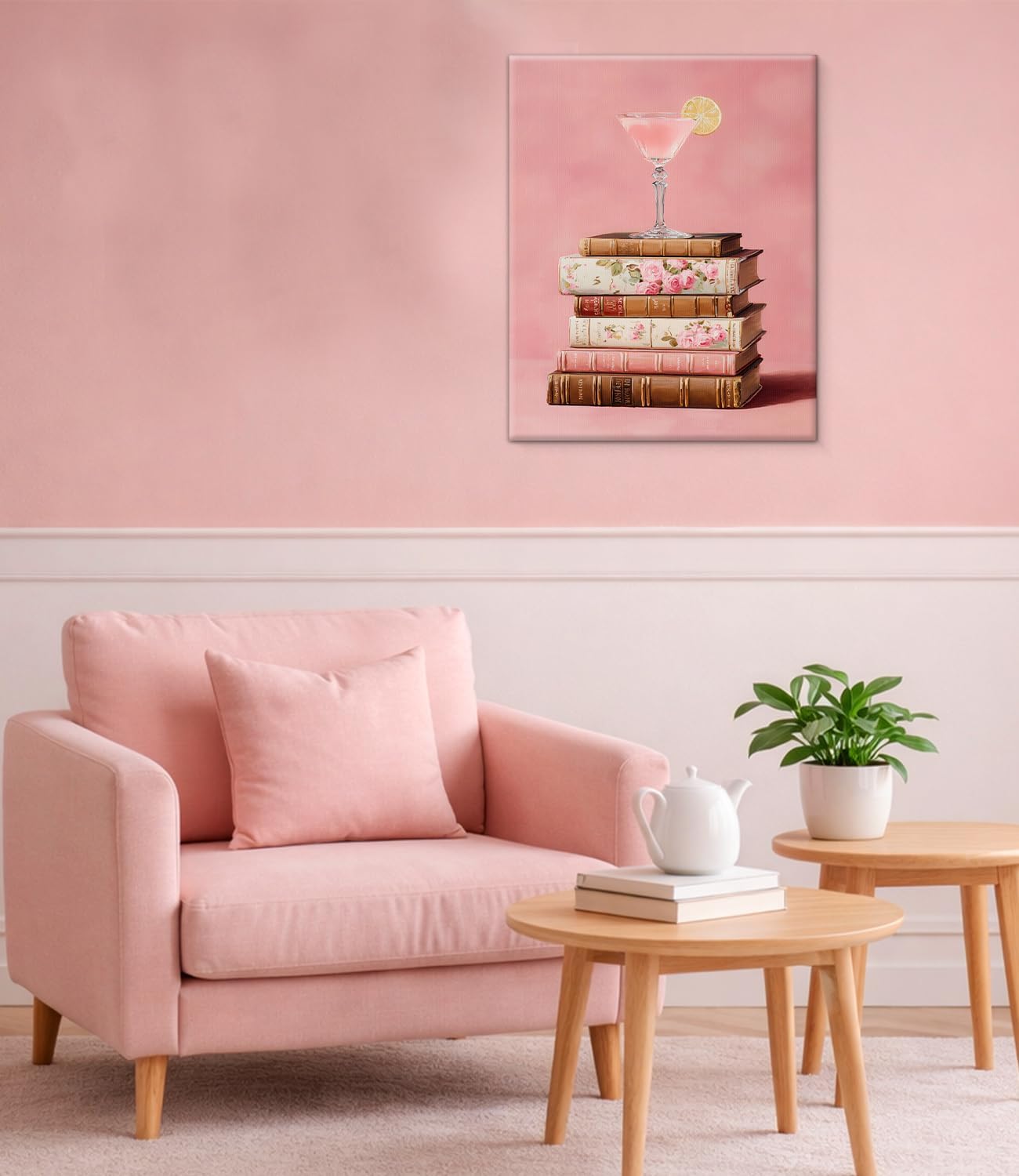 Pink Cocktail Books Wall Art Print - Preppy Stack of Books Canvas Poster Painting - Bookish Girly Wall Decor for Home Reading Nook Dorm 8x10 Inch Framed