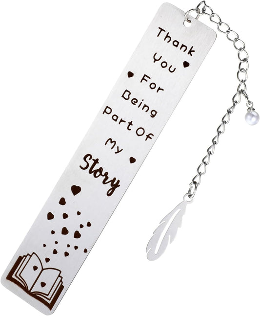 Metal Bookmark Gift, Engraved Thank You for Being Part of My Story Thank You Appreciation Silver Stainless Steel Book Mark with Leaf Pendant Book Mark Christmas Gifts for Women Men Books Lover Friends