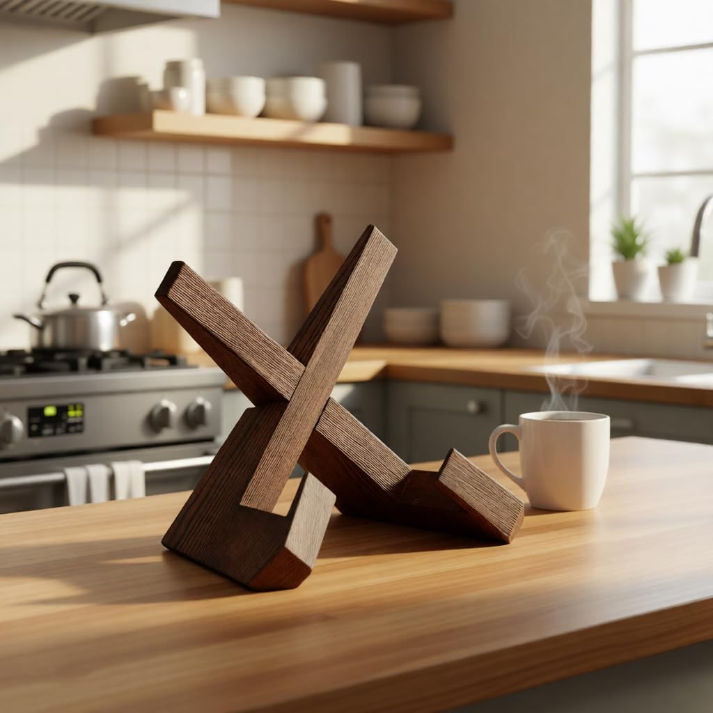 Wooden Cookbook Stand for Kitchen Counter, Rustic Brown Recipe Book Holder, Multifunctional Display Stand for Cooking & Decor