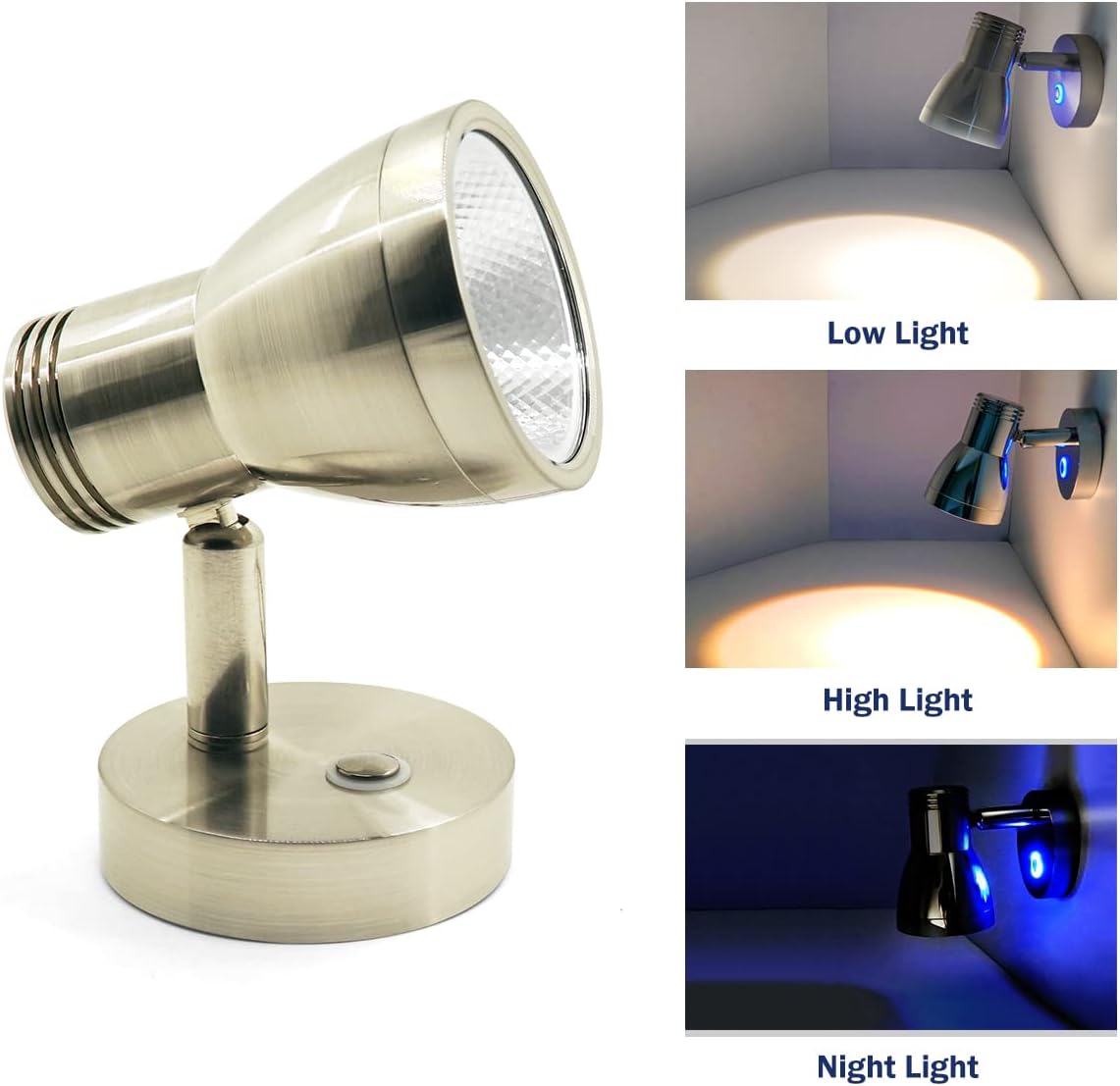 THALASSA RV Overhead Reading Light 12V LED Spotlight Camper Motorhome Interior Warm Light Brushed Nickel with Blue Small Reminder Light, Adjustable Touch Dimmer Switch 3W DC 10-30V