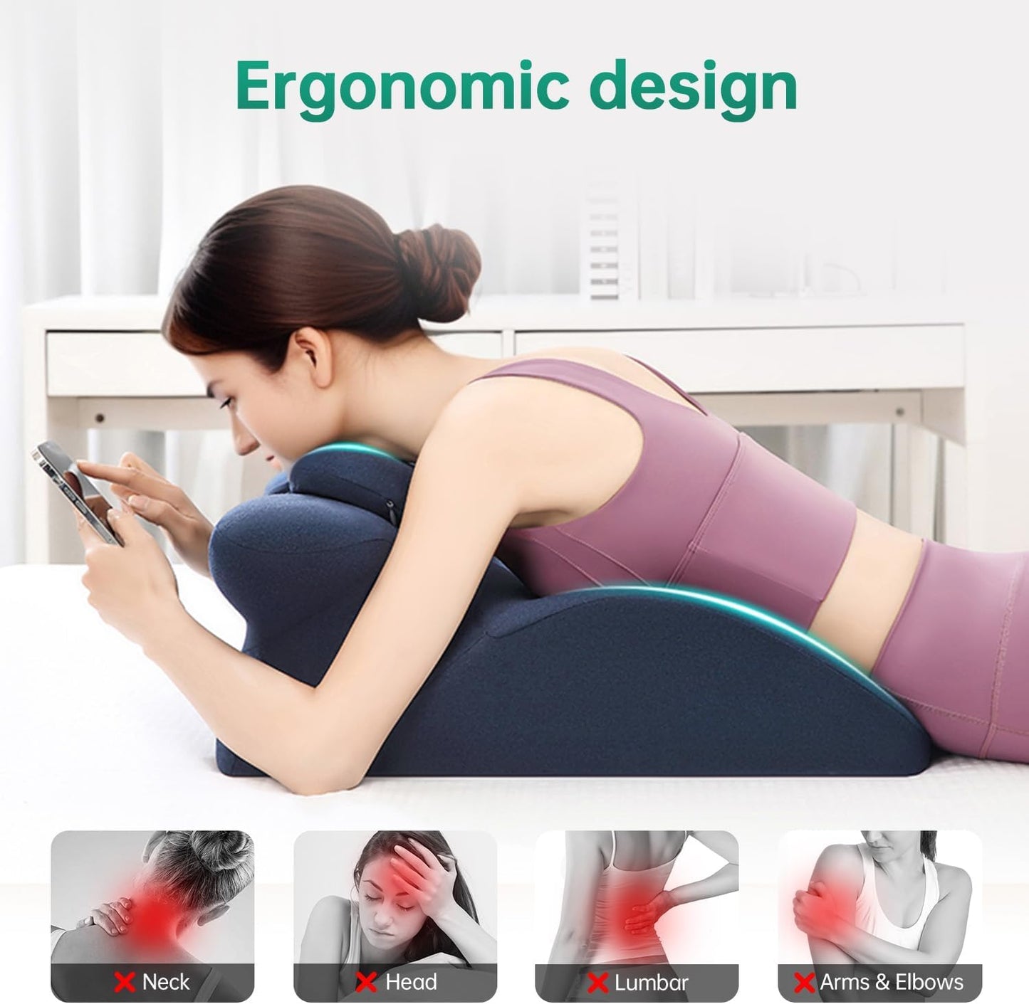 Memory Foam Ergonomic Rest Pillow for Sleeping, Acid Reflux & GERD Relief - Elevation Bed Support Pillow for Back Pain, Post Surgery Recovery, Reading with Removable Washable Cover