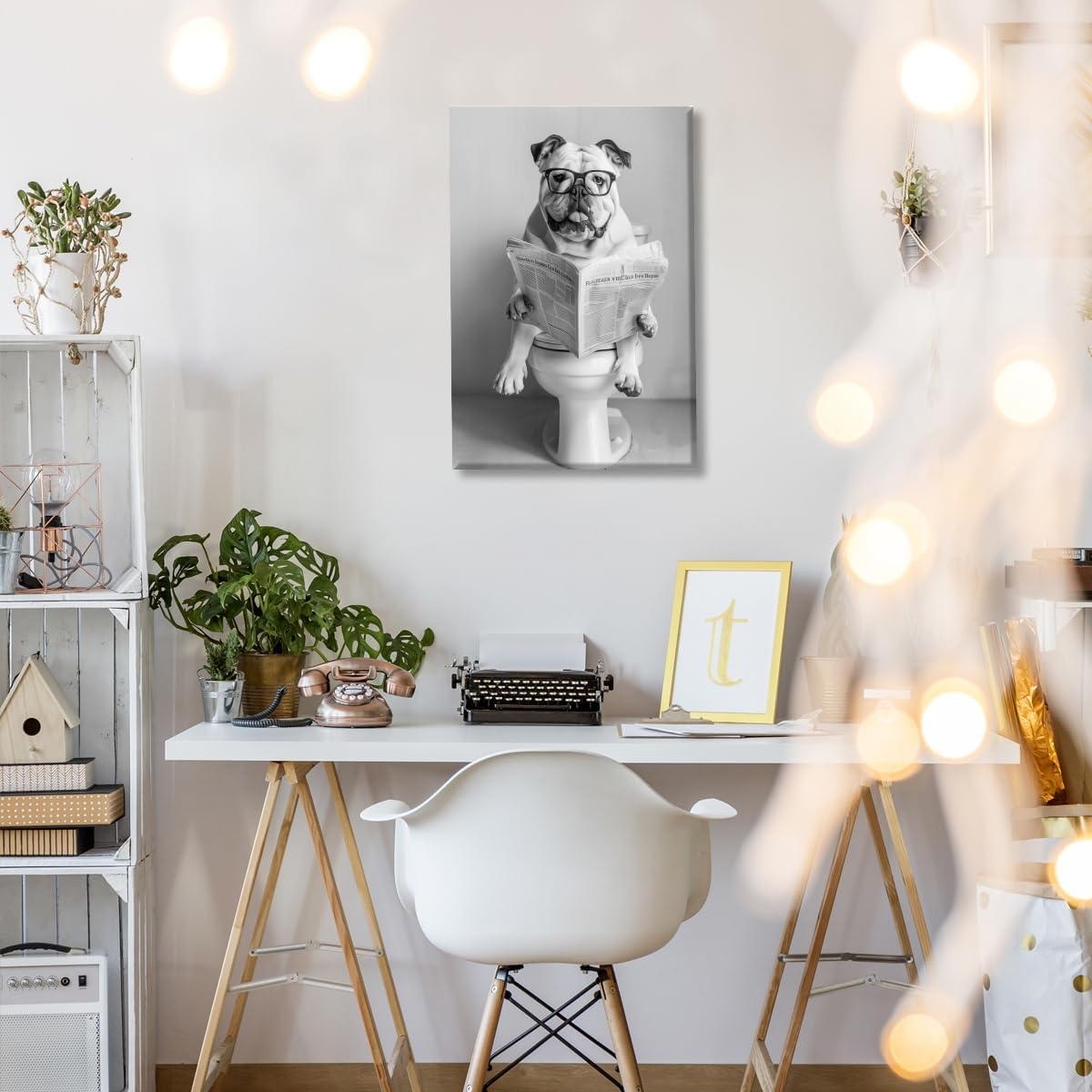 Funny Bathroom Wall Art Pitbull Sitting on Toilet Reading Newspaper Poster Black and White Animal Aesthetic Canvas Prints for Living Room Bedroom Wall Decor12x18inch Unframed