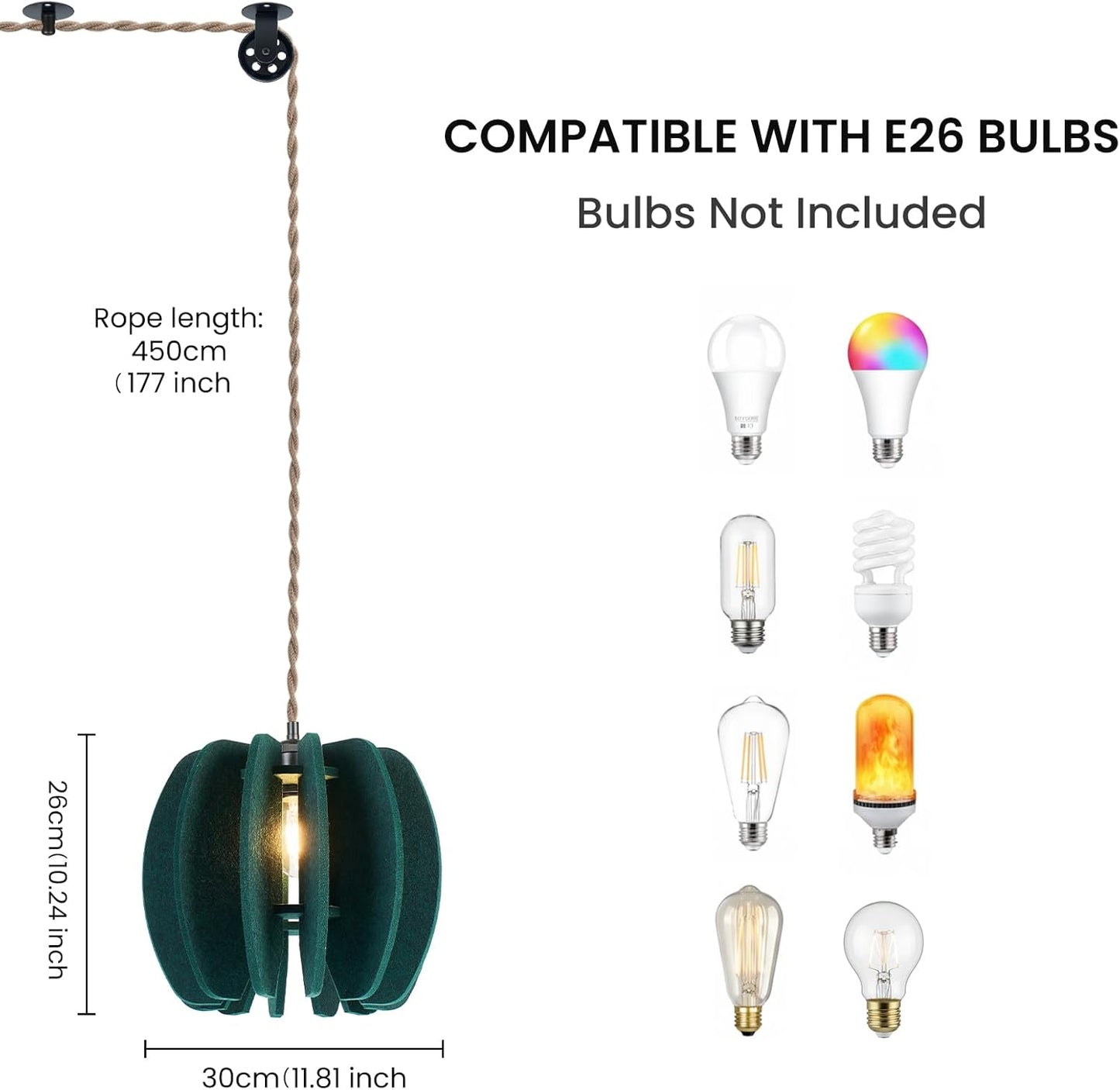 Pendant Light with Felt Lampshade, Modern Hanging Lamp Fixture, DIY Acoustic Plug-in Pendant Light for Kitchen Island, Living Room, Dining Room, Bedroom, Office (D11.8"x10.2")