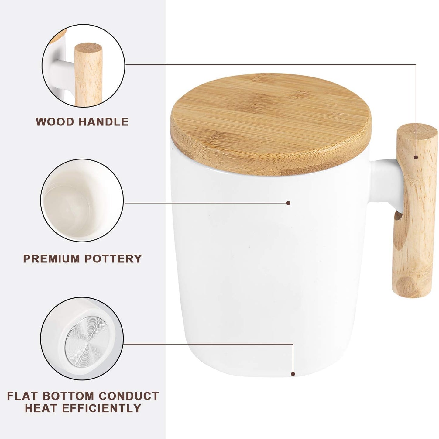 HOWAY Flat Bottom Mug with Wood Lid, Ceramic Tea Cup for Coffee Warmer, Universal, Flat Bottomed, Wooden Handle, 14oz