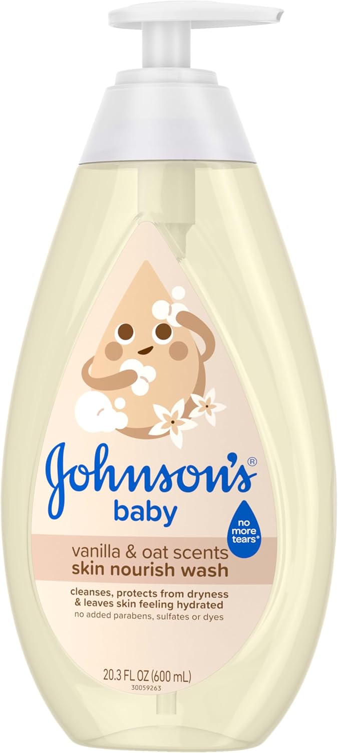 Johnson's Skin Nourishing Moisture Baby Wash, Vanilla & Oat Scents, Tear-Free, Hypoallergenic Baby Body Wash Cleanses, Protects from Dryness, & Leaves Skin Feeling Hydrated, 20.3 fl. oz