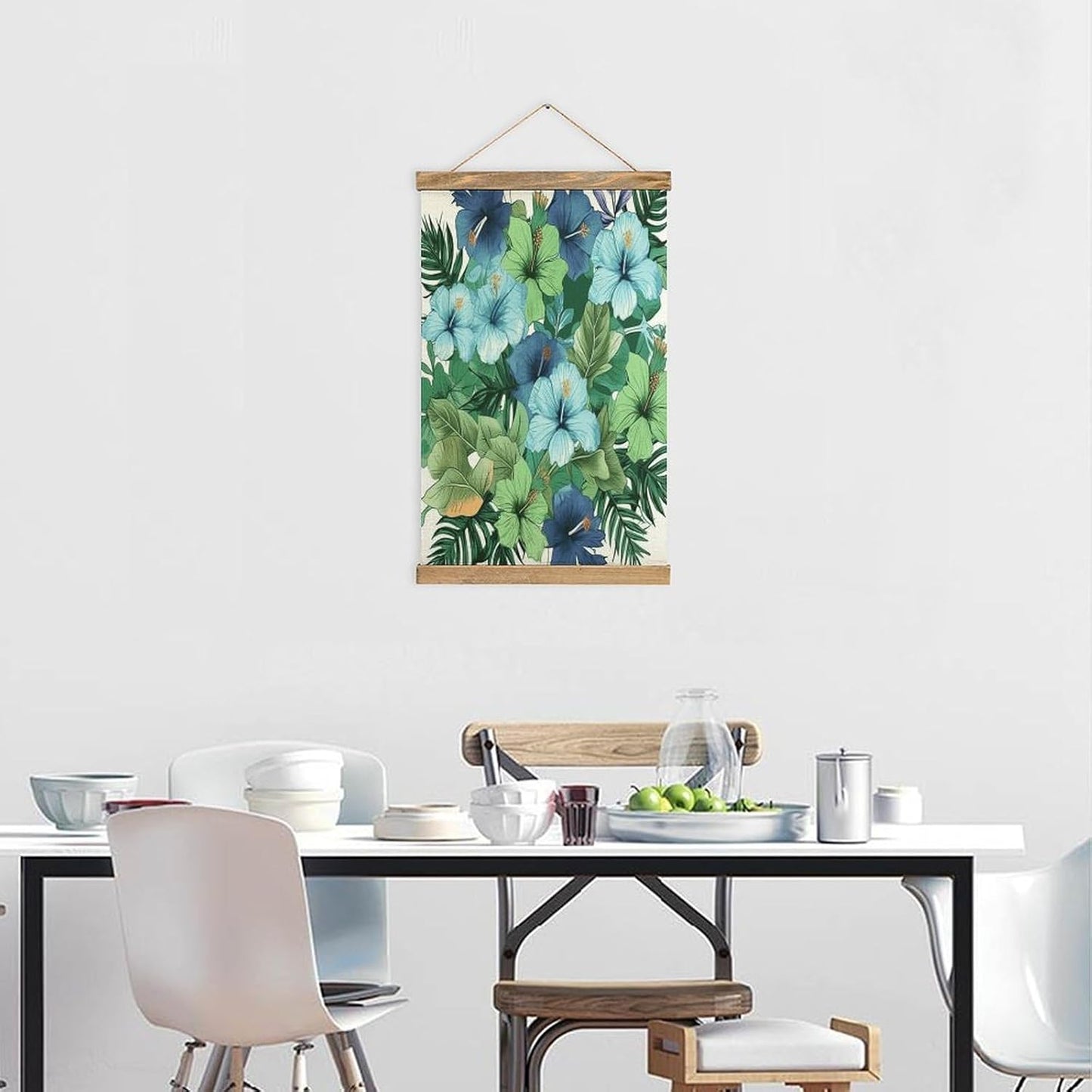 Vintage Green And Blue Hibiscus Flowers Poster with Wooden Frame Personalized Linen Hanging Scroll Painting Rustic Wall Hanging Illustrative Modern Artwork Decor for Home Living Room Bedroom Office