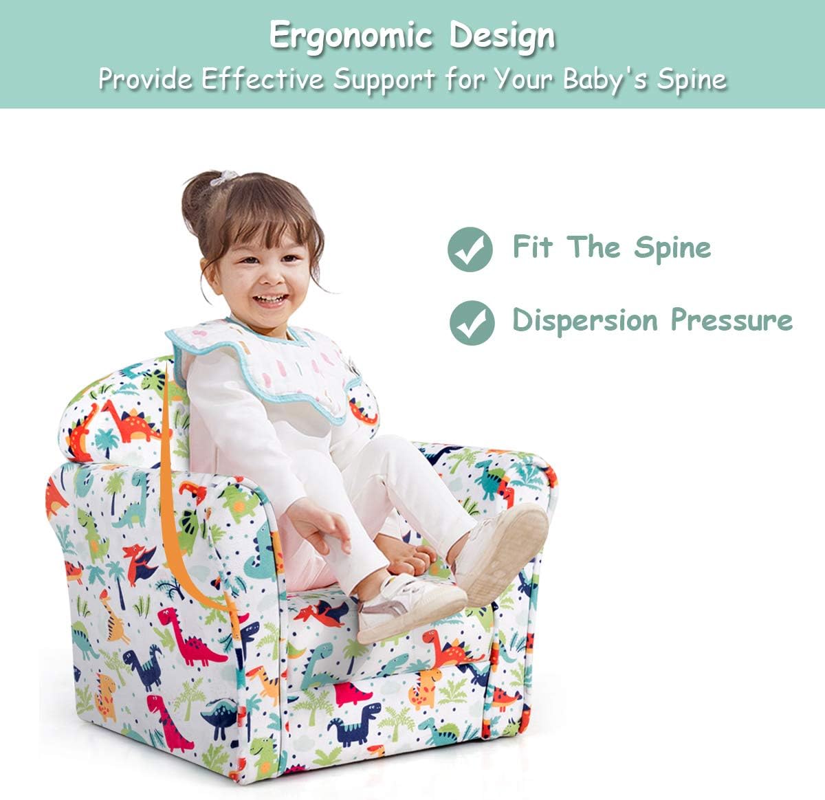 GLACER Kids Sofa, Toddler Couch Chair for Boys and Girls, Lightweight Baby Sofa Chair Children Armchair with Dinosaur Pattern, Sturdy Wood Construction