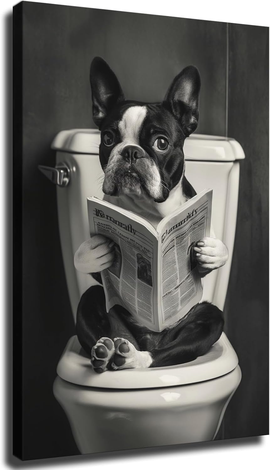 Boston Terrier Sitting on Toilet Reading Newspaper Funny Animal Dog Print Poster Picture HD Print Poster Retro Painted Modern Home Bedroom Room Aesthetic Decoration Canvas Art (20x30inch Framed)