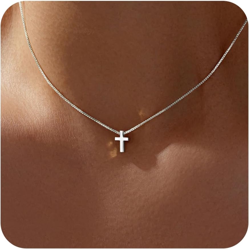 Easter Basket Stuffer Cross Necklace for Women Girls, Dainty 14K Gold Silver Plated Cross Choker Jewelry Non Tarnish Waterproof Cute Simple Small Necklace Christian Baptism Religious Faith Jewelry Gifts