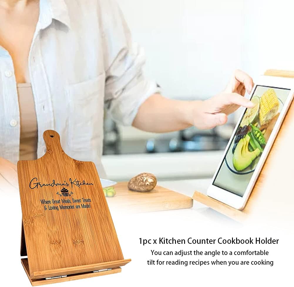 Cookbook Stand for Kitchen Counter, Rustic Cookbook Display Holder for Convenient Cooking, Adjustable Pad Tablet Recipe Book Holder, Wood Cutting Board Style Kitchen Gifts for Cooking Lovers