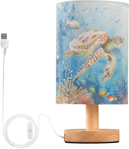 Sea Turtle in Ocean Marine Life Table Lamp for Bedroom USB Port Lamps Small Accent Table Lamp Nightstand Lamp Study Linen Shade with Wooden Base, Decorative Lamps for Bedside Reading|Kids|Dorm|Home