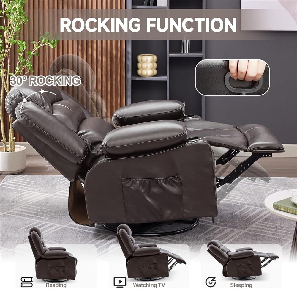 360° Swivel Rocker Recliner Chair for Adults, Oversized Ergonomic Power Reclining Sofa with 2 Cup Holders & USB Ports, Leather Lounge Chair for Home Theater, Brown