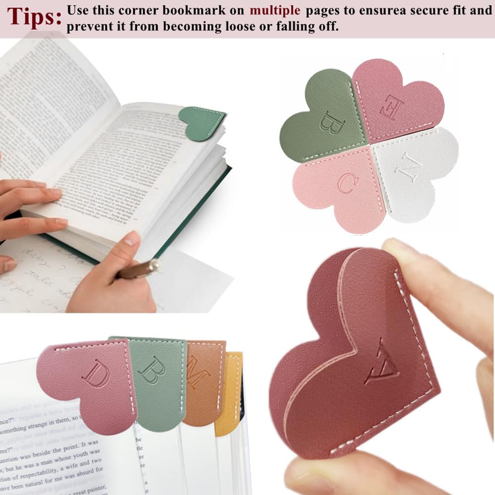 4Pcs Personalized Leather Heart Bookmark26 Letters Customized Corner Book Mark for Reading, Book Holder Markers with Initials Page Accessories Cute Gifts (Light Pink+Deep Pink+Green+Light Brown, A)