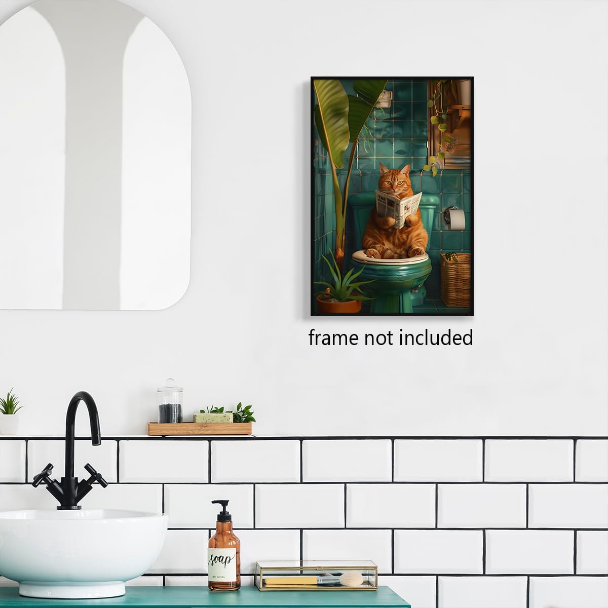 Funny Cat Reading Newspaper on Toilet Canvas Wall Art - Cute Pooping Bathroom Poster Print - Animal Decor 12x16in Unframed