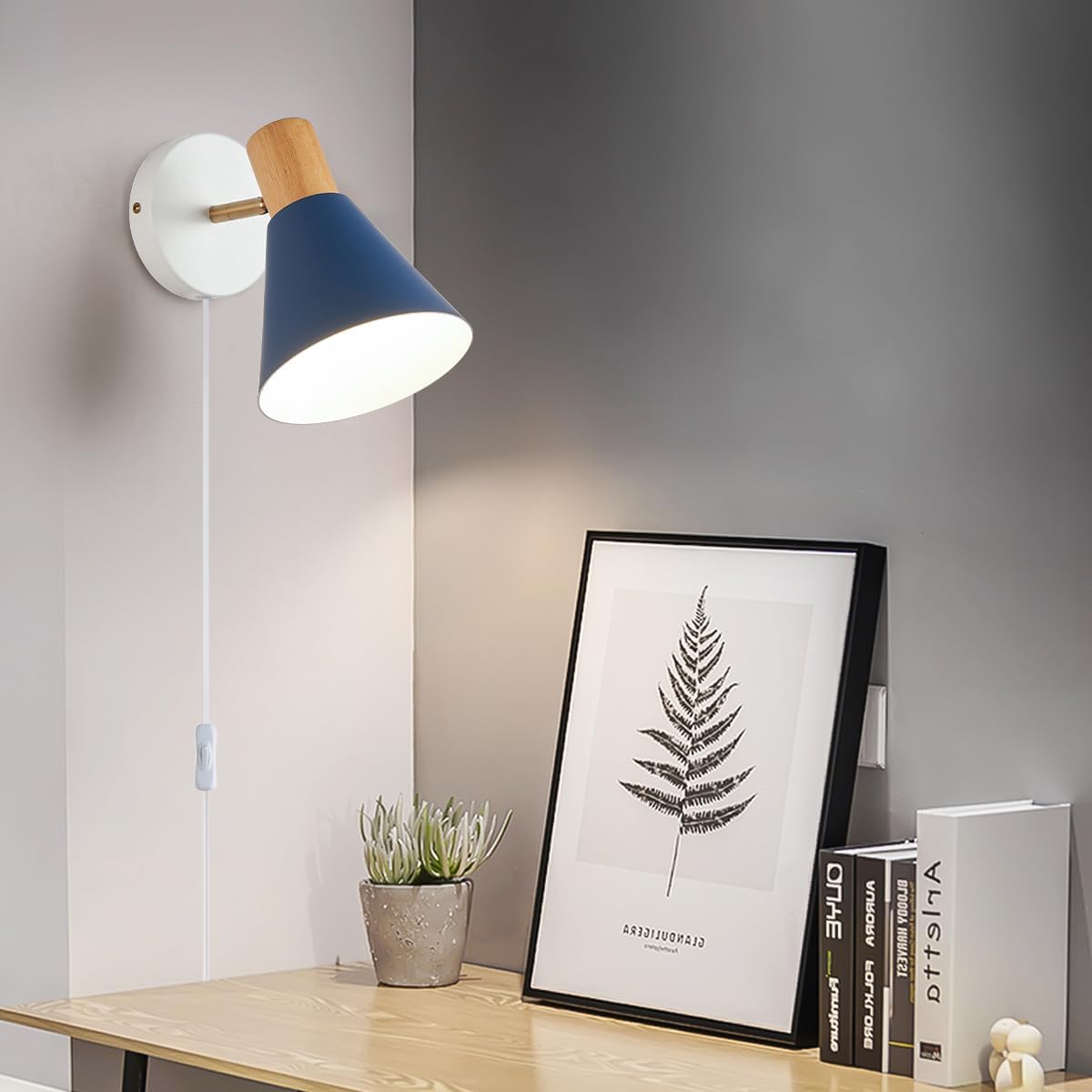 Plug in Wall Sconces Lighting Fixture, Wooden Adjustable Bedside Wall lamp for Industrial Bedroom, Living Room Bathroom Sink Lighting (1, Blue)
