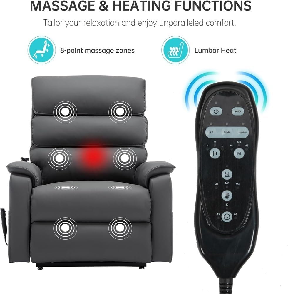 Power Lift Recliner Chair for Elderly, Lay Flat Electric Living Room Sofa with Heat and Massage, Breathable Gray Leather Power Recliner with 2 Side Pockets, USB Ports