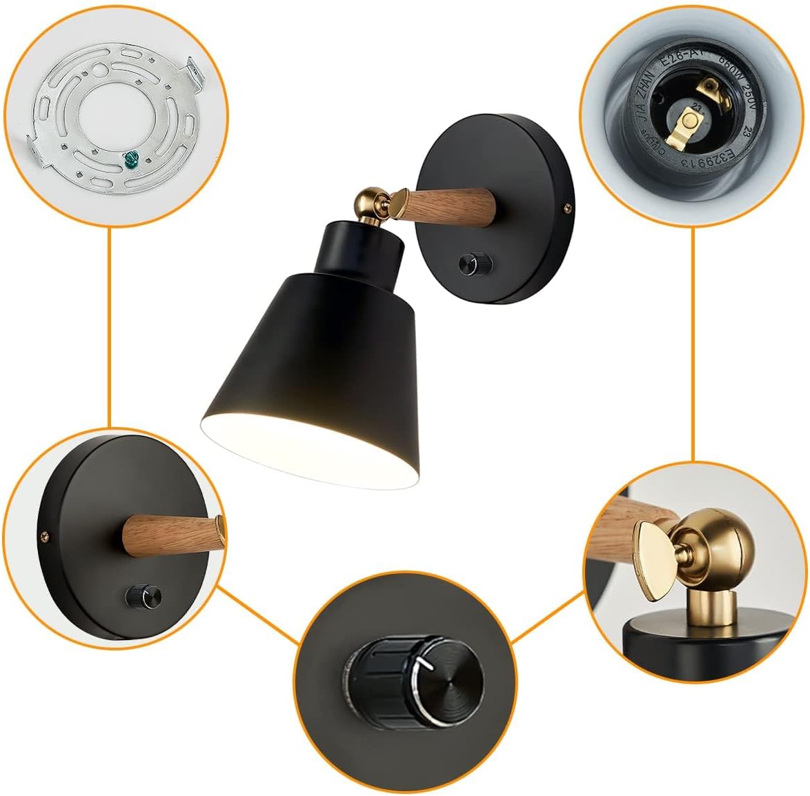 ClanKin Wall Sconces Lighting, Black Wood Style Wall Sconce Reading Lamp, Adjustable Wall Light for Bedroom Hallway Living Room (1 Pack, Black Hard-Wired)