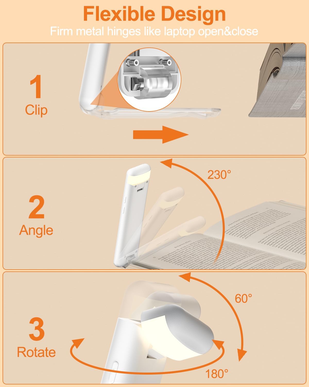 Reading Light,Rechargeable Book Light for Reading in Bed,Upgraded Portable Clip-on LED Bookmark Lamp with Damping Hinge,Long Lasting,3 Colors&5 Brightness&Timer for Book Lovers,Kids(White)