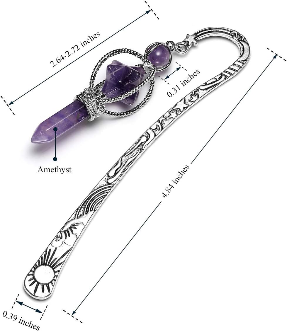 Jovivi Anqitue Silver Metal Bookmark Beading Bookmarks with Amethsyt Crystal Quartz Merkaba Hexagonal Pointed Bead