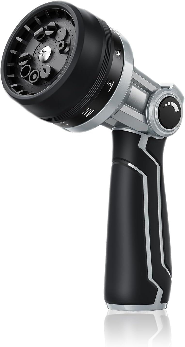 RAINPOINT Full-Metal Garden Hose Nozzle, Heavy Duty Water Hose Nozzle Sprayer With 10 Adjustable Patterns & High Flow,Thumb Control For Flow Adjustment, Ideal For Watering, Washing, Cleaning,Black