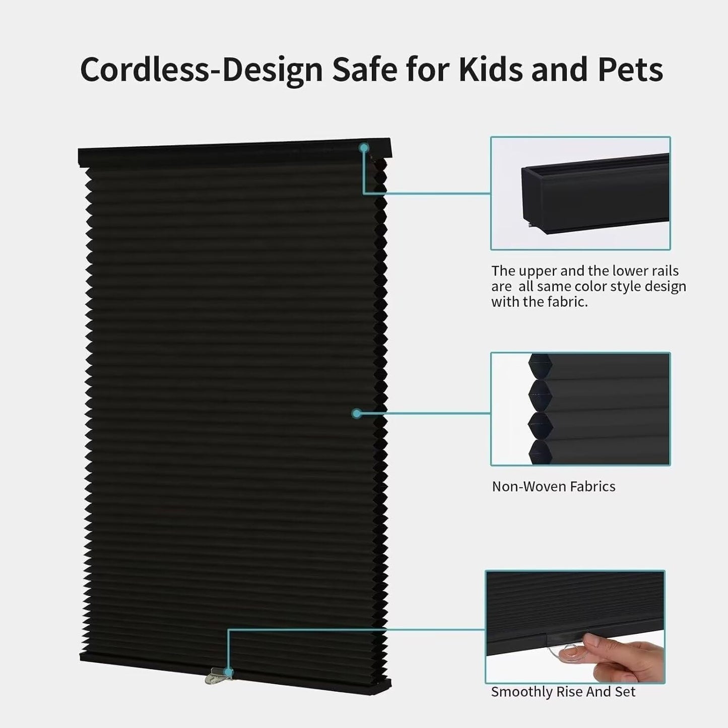 MYshade Cordless Blackout Window Blinds & Shades Pull Down Room Darkening Window Shades Light Blocking Honeycomb Cellular Shade for Indoor Windows Easy to Install 49 inch Wide, H72 Black Blinds