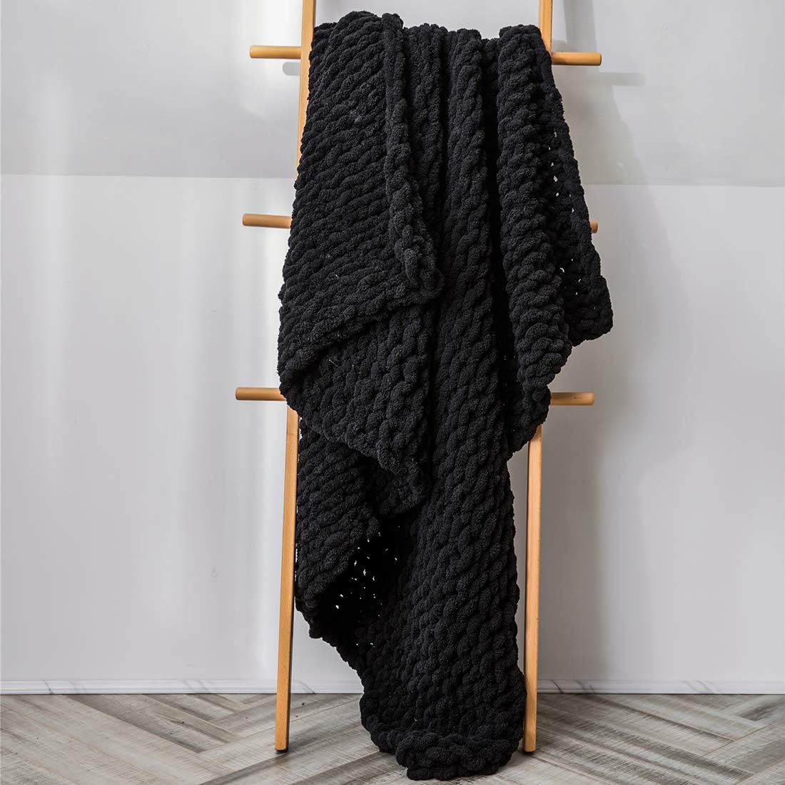 vctops Boho Chenille Chunky Knit Throw Blanket Super Soft Warm Cozy Hand Knit Blankets for Couch Bed Sofa Chair (Black,51"x63")