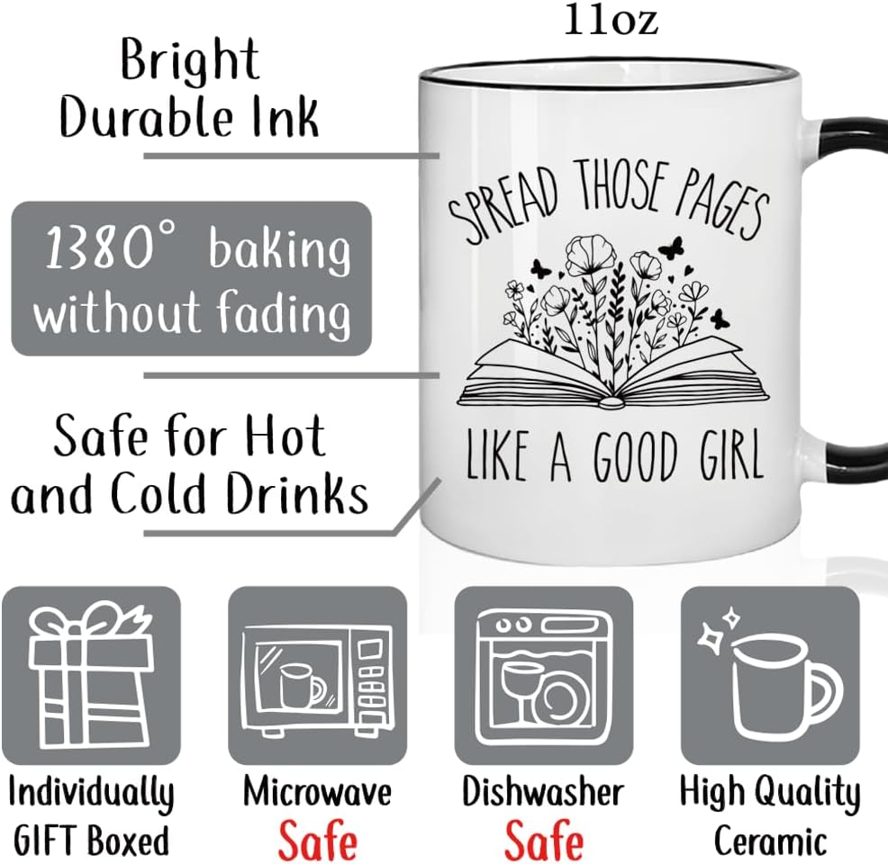 Novelty Book Coffee Mug for Girl Book Lovers Readers, Spread Those Pages Like a Good Girl Funny Book Gifts for Readers Librarian Bookworm Reading Women Birthday 11oz